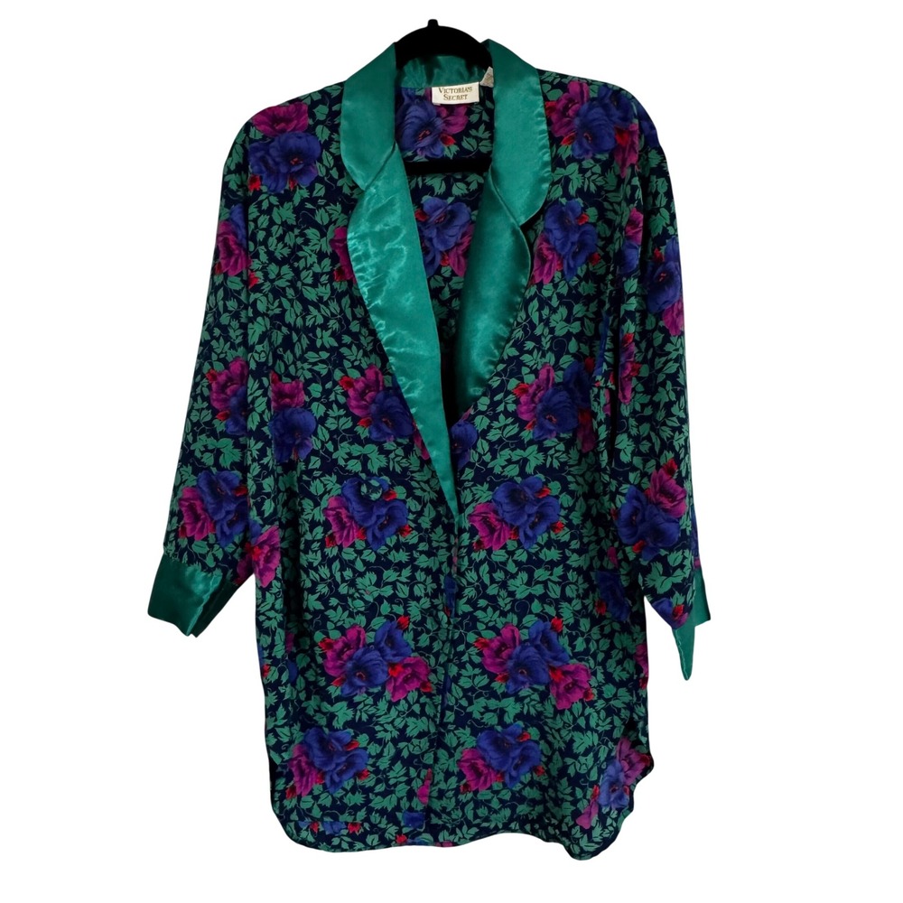 Vintage Victorias Secret Floral Satin Sleep Shirt Robe Teal Small Romantic 90s